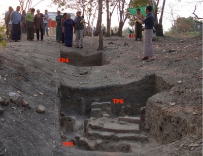 Figure 8. Yahanda mound test pits 5 and 6, brick steps and remains of brick facings of a former burial terrace in steeply eroded mound; © Janice Stargardt.